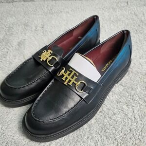 Tommy‎ Hilfiger Black Moc Toe Loafers Gold Logo Women's Size 11M Shoes NEW